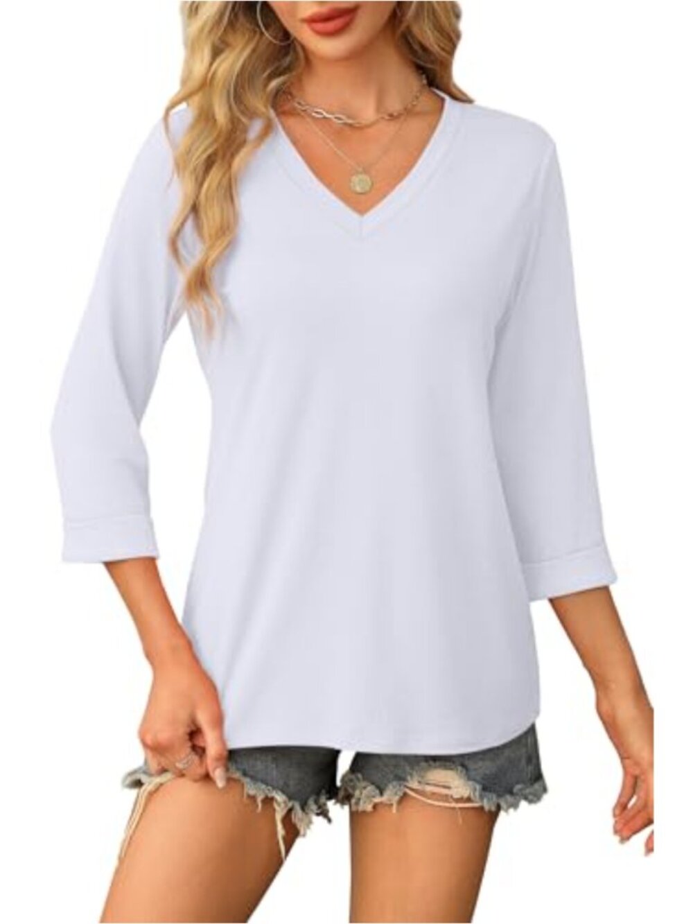 Womens 3/4 Sleeve Blouse V Neck Loose Fit Flowy Lightweight Cotton Blend - Picture 3 of 6